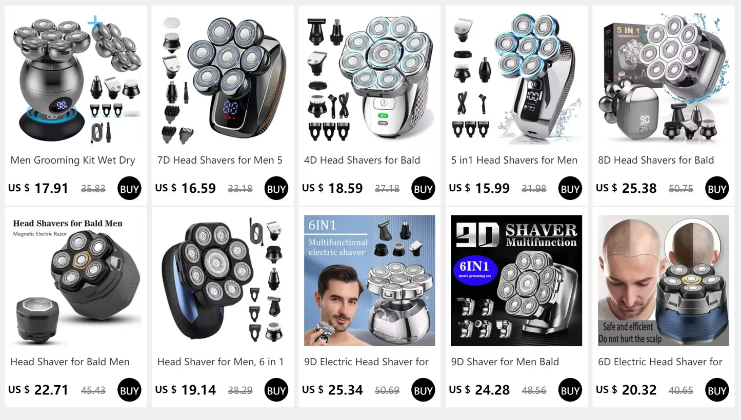 4D Bald Head Shaver – 9 Floating Heads, 6-in-1 Grooming Kit.