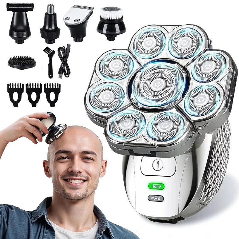 4D Bald Head Shaver – 9 Floating Heads, 6-in-1 Grooming Kit.