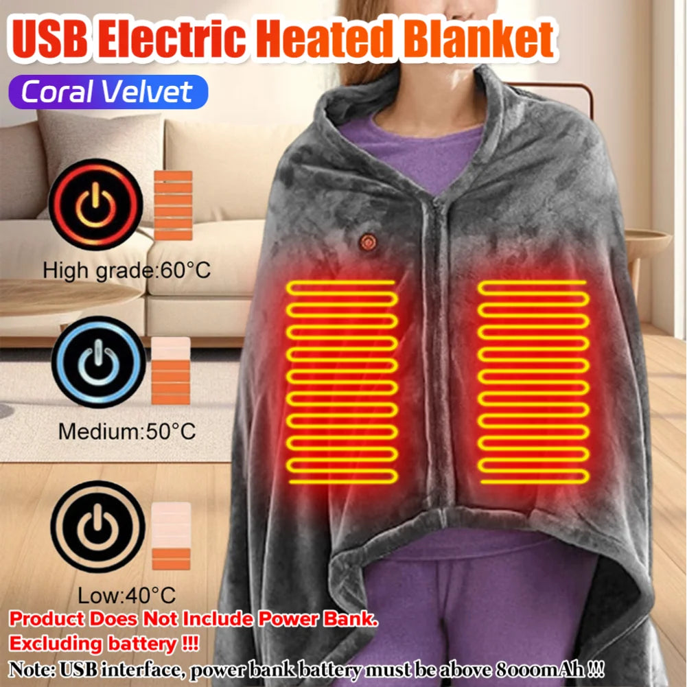 Portable USB Heated Blanket – 8 Zones, 3 Heat Levels, Fleece Body Warmer.