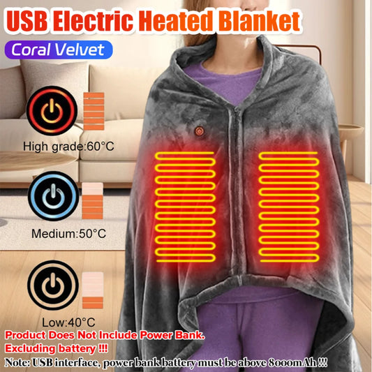 Portable USB Heated Blanket – 8 Zones, 3 Heat Levels, Fleece Body Warmer.